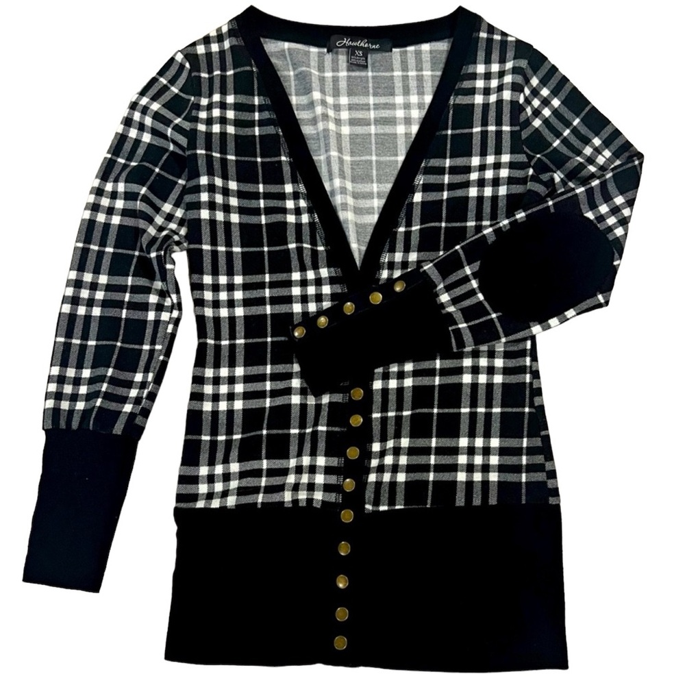 HAWTHORNE Sweater Cardigan Black/White Plaid Snap Button Women’s Size XS